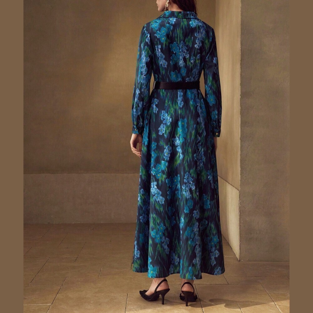 Blue Floral Print Maxi Shirt Dress with Collar - Picture 4 of 6